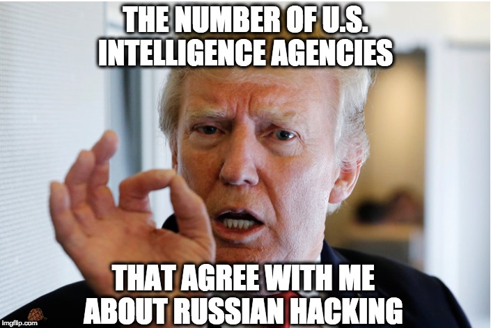 THE NUMBER OF U.S. INTELLIGENCE AGENCIES; THAT AGREE WITH ME ABOUT RUSSIAN HACKING | image tagged in memes | made w/ Imgflip meme maker