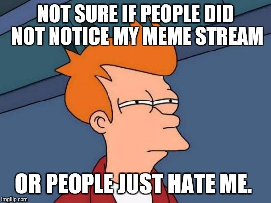 Futurama Fry | NOT SURE IF PEOPLE DID NOT NOTICE MY MEME STREAM; OR PEOPLE JUST HATE ME. | image tagged in memes,futurama fry | made w/ Imgflip meme maker