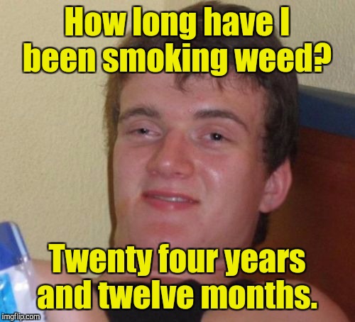 Sooo... Twenty five years.  | How long have I been smoking weed? Twenty four years and twelve months. | image tagged in memes,10 guy | made w/ Imgflip meme maker