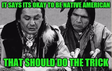 Native Americans Talking | IT SAYS ITS OKAY TO BE NATIVE AMERICAN; THAT SHOULD DO THE TRICK | image tagged in native americans talking | made w/ Imgflip meme maker