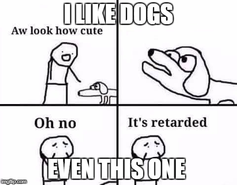 retarded dog | I LIKE DOGS; EVEN THIS ONE | image tagged in retarded dog | made w/ Imgflip meme maker