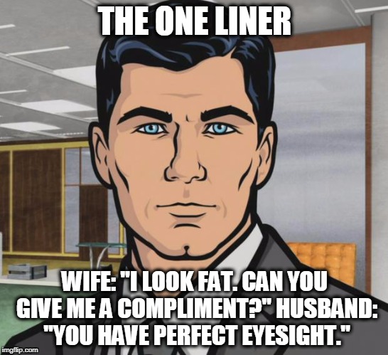 Archer Meme | THE ONE LINER; WIFE: "I LOOK FAT. CAN YOU GIVE ME A COMPLIMENT?" HUSBAND: "YOU HAVE PERFECT EYESIGHT." | image tagged in memes,archer | made w/ Imgflip meme maker