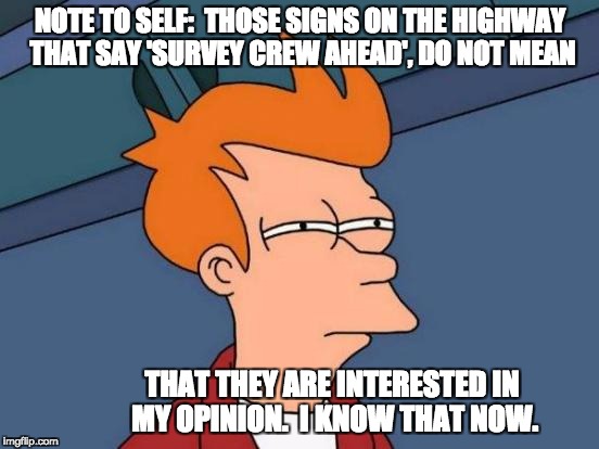 Futurama Fry | NOTE TO SELF:  THOSE SIGNS ON THE HIGHWAY THAT SAY 'SURVEY CREW AHEAD', DO NOT MEAN; THAT THEY ARE INTERESTED IN MY OPINION.  I KNOW THAT NOW. | image tagged in memes,futurama fry | made w/ Imgflip meme maker