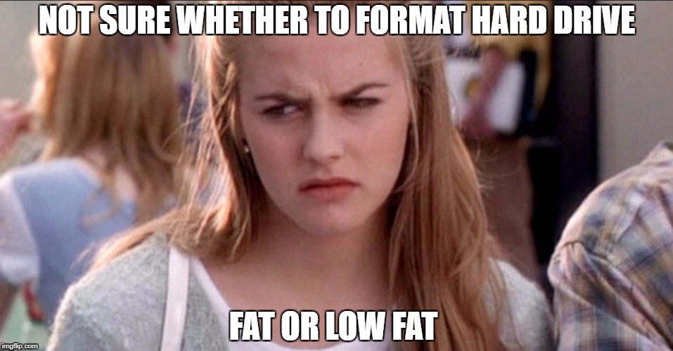 clueless | NOT SURE WHETHER TO FORMAT HARD DRIVE; FAT OR LOW FAT | image tagged in clueless | made w/ Imgflip meme maker