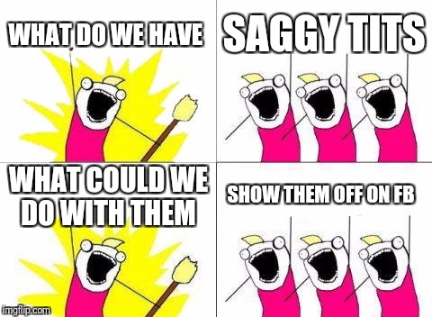 What Do We Want | WHAT DO WE HAVE; SAGGY TITS; WHAT COULD WE DO WITH THEM; SHOW THEM OFF ON FB | image tagged in memes,what do we want | made w/ Imgflip meme maker