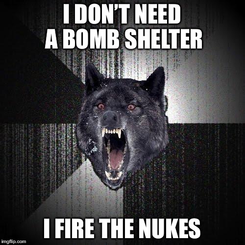 Insanity Wolf | I DON’T NEED A BOMB SHELTER; I FIRE THE NUKES | image tagged in memes,insanity wolf,nukes,soviet russia | made w/ Imgflip meme maker