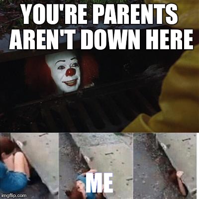 pennywise in sewer | YOU'RE PARENTS AREN'T DOWN HERE; ME | image tagged in pennywise in sewer | made w/ Imgflip meme maker