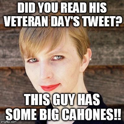 chelsea manning | DID YOU READ HIS VETERAN DAY'S TWEET? THIS GUY HAS SOME BIG CAHONES!! | image tagged in manning | made w/ Imgflip meme maker