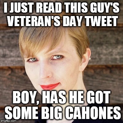chelsea manning | I JUST READ THIS GUY'S VETERAN'S DAY TWEET; BOY, HAS HE GOT SOME BIG CAHONES | image tagged in manning | made w/ Imgflip meme maker