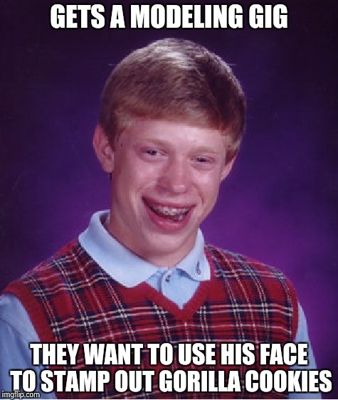 Bad Luck Brian : let's be mature about this | GETS A MODELING GIG; THEY WANT TO USE HIS FACE TO STAMP OUT GORILLA COOKIES | image tagged in memes,bad luck brian,old joke,monkey,the face you make | made w/ Imgflip meme maker