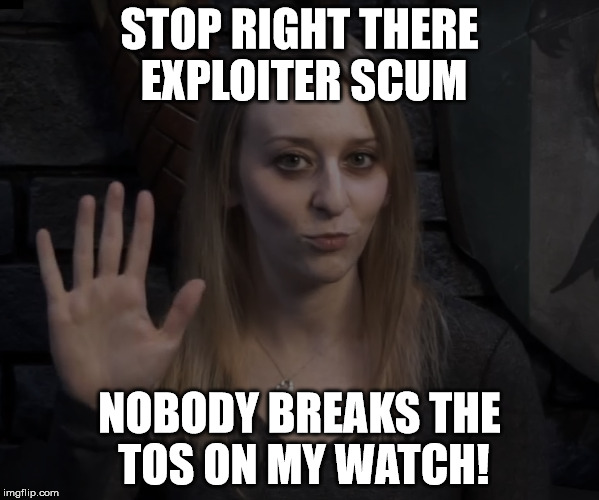 STOP RIGHT THERE EXPLOITER SCUM; NOBODY BREAKS THE TOS ON MY WATCH! | made w/ Imgflip meme maker