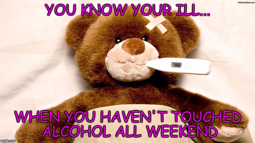 Sick Bear | YOU KNOW YOUR ILL... WHEN YOU HAVEN'T TOUCHED ALCOHOL ALL WEEKEND | image tagged in sick bear | made w/ Imgflip meme maker
