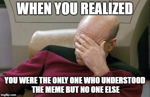 Captain Picard Facepalm Meme | WHEN YOU REALIZED YOU WERE THE ONLY ONE WHO UNDERSTOOD THE MEME BUT NO ONE ELSE | image tagged in memes,captain picard facepalm | made w/ Imgflip meme maker