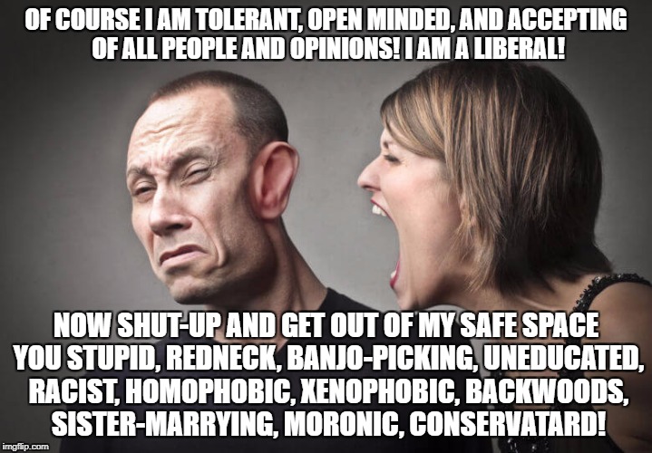 How simply trying to have a civil debate with a liberal turns out | OF COURSE I AM TOLERANT, OPEN MINDED, AND ACCEPTING OF ALL PEOPLE AND OPINIONS! I AM A LIBERAL! NOW SHUT-UP AND GET OUT OF MY SAFE SPACE YOU STUPID, REDNECK, BANJO-PICKING, UNEDUCATED, RACIST, HOMOPHOBIC, XENOPHOBIC, BACKWOODS, SISTER-MARRYING, MORONIC, CONSERVATARD! | image tagged in memes,snowflakes,liberal logic,liberal hypocrisy,college liberal,goofy stupid liberal college student | made w/ Imgflip meme maker