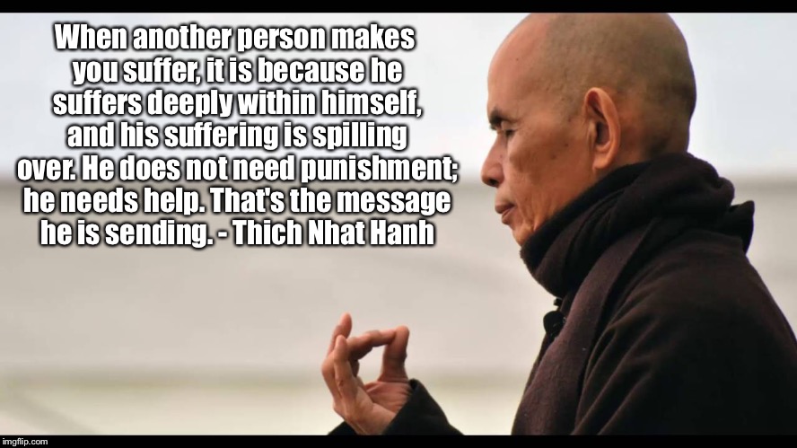 When another person makes you suffer, it is because he suffers deeply within himself, and his suffering is spilling over. He does not need punishment; he needs help. That's the message he is sending. - Thich Nhat Hanh | image tagged in thichnhathanh | made w/ Imgflip meme maker