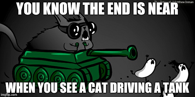 YOU KNOW THE END IS NEAR; WHEN YOU SEE A CAT DRIVING A TANK | image tagged in cat in a tank | made w/ Imgflip meme maker