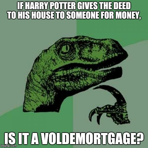 Philosoraptor | IF HARRY POTTER GIVES THE DEED TO HIS HOUSE TO SOMEONE FOR MONEY, IS IT A VOLDEMORTGAGE? | image tagged in memes,philosoraptor | made w/ Imgflip meme maker