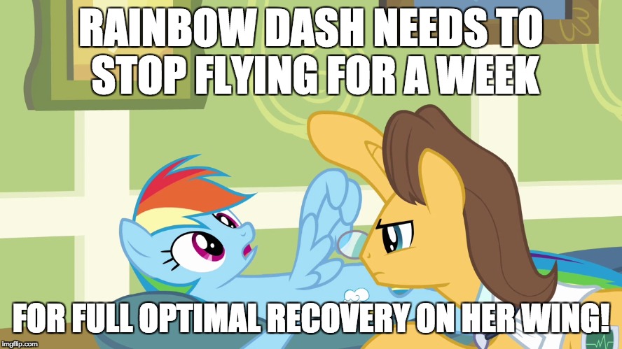 RAINBOW DASH NEEDS TO STOP FLYING FOR A WEEK FOR FULL OPTIMAL RECOVERY ON HER WING! | made w/ Imgflip meme maker