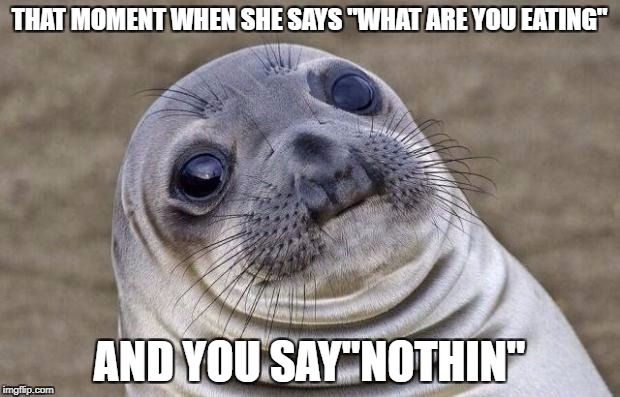Awkward Moment Sealion Meme | THAT MOMENT WHEN SHE SAYS "WHAT ARE YOU EATING"; AND YOU SAY"NOTHIN" | image tagged in memes,awkward moment sealion | made w/ Imgflip meme maker