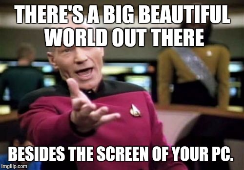 Picard Wtf Meme | THERE'S A BIG BEAUTIFUL WORLD OUT THERE BESIDES THE SCREEN OF YOUR PC. | image tagged in memes,picard wtf | made w/ Imgflip meme maker