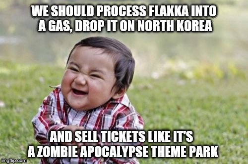 Evil Toddler Meme | WE SHOULD PROCESS FLAKKA INTO A GAS, DROP IT ON NORTH KOREA; AND SELL TICKETS LIKE IT'S A ZOMBIE APOCALYPSE THEME PARK | image tagged in memes,evil toddler | made w/ Imgflip meme maker