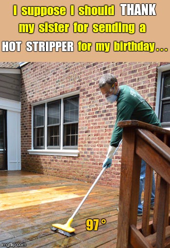 Birthday Gift from sister | THANK; I  suppose  I  should; my  sister  for  sending  a; for  my  birthday . . . HOT  STRIPPER; 97 ° | image tagged in memes,strippers,birthday,siblings | made w/ Imgflip meme maker