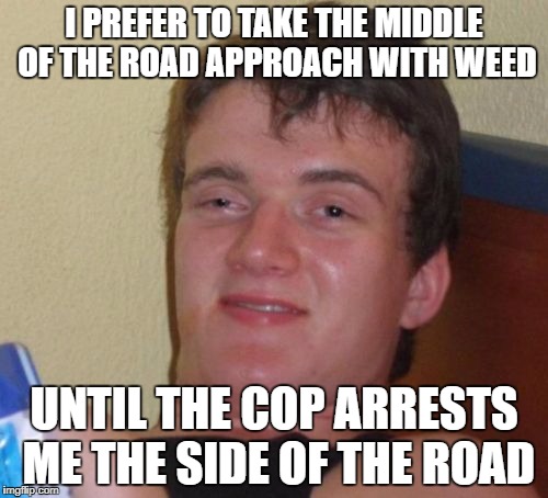 10 Guy | I PREFER TO TAKE THE MIDDLE OF THE ROAD APPROACH WITH WEED; UNTIL THE COP ARRESTS ME THE SIDE OF THE ROAD | image tagged in memes,10 guy | made w/ Imgflip meme maker