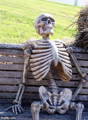 Here's a GIF of a Skeleton Waiting | image tagged in aging,gif,skeleton,meme,bench | made w/ Imgflip meme maker