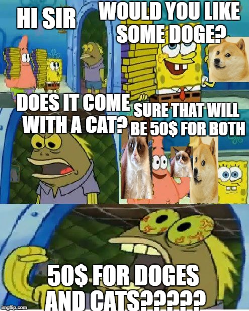 Would You Like Some Doge and Cat? | WOULD YOU LIKE SOME DOGE? HI SIR; SURE THAT WILL BE 50$ FOR BOTH; DOES IT COME WITH A CAT? 50$ FOR DOGES AND CATS????? | image tagged in memes,chocolate spongebob | made w/ Imgflip meme maker