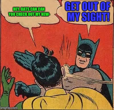 Batman Slapping Robin Meme | HEY, BATS CAN CAN YOU CHECK OUT MY NEW- GET OUT OF MY SIGHT! | image tagged in memes,batman slapping robin | made w/ Imgflip meme maker