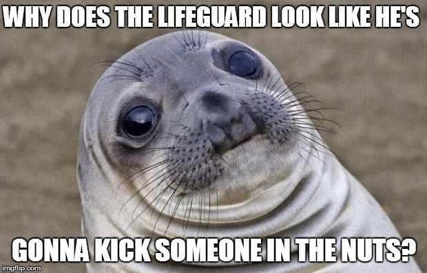 Awkward Moment Sealion Meme | WHY DOES THE LIFEGUARD LOOK LIKE HE'S GONNA KICK SOMEONE IN THE NUTS? | image tagged in memes,awkward moment sealion | made w/ Imgflip meme maker