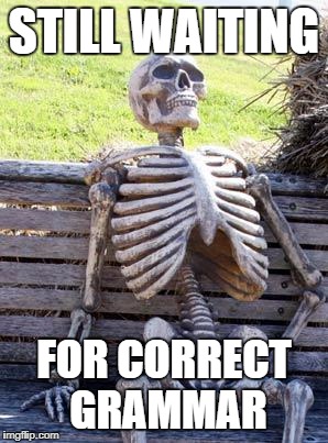 Waiting Skeleton Meme | STILL WAITING FOR CORRECT GRAMMAR | image tagged in memes,waiting skeleton | made w/ Imgflip meme maker