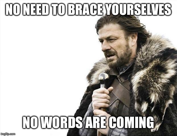 Brace Yourselves X is Coming Meme | NO NEED TO BRACE YOURSELVES NO WORDS ARE COMING | image tagged in memes,brace yourselves x is coming | made w/ Imgflip meme maker