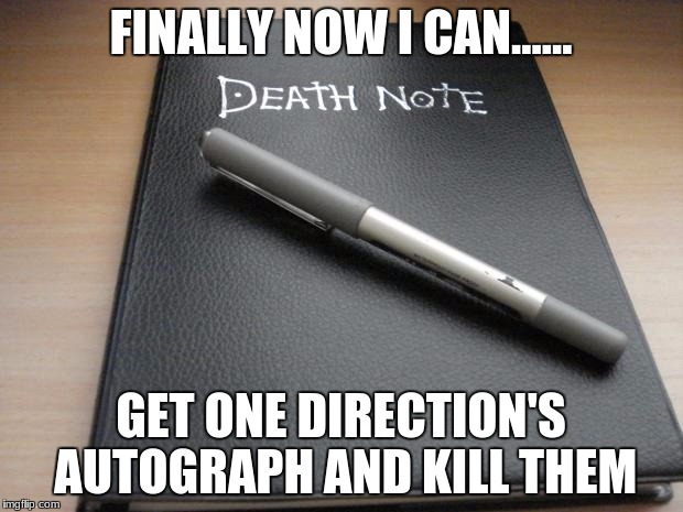 Death note | FINALLY NOW I CAN...... GET ONE DIRECTION'S AUTOGRAPH AND KILL THEM | image tagged in death note | made w/ Imgflip meme maker