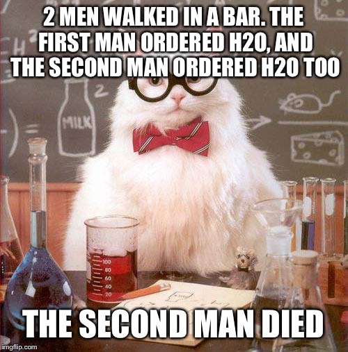 Science Cat | 2 MEN WALKED IN A BAR. THE FIRST MAN ORDERED H2O, AND THE SECOND MAN ORDERED H2O TOO; THE SECOND MAN DIED | image tagged in science cat | made w/ Imgflip meme maker