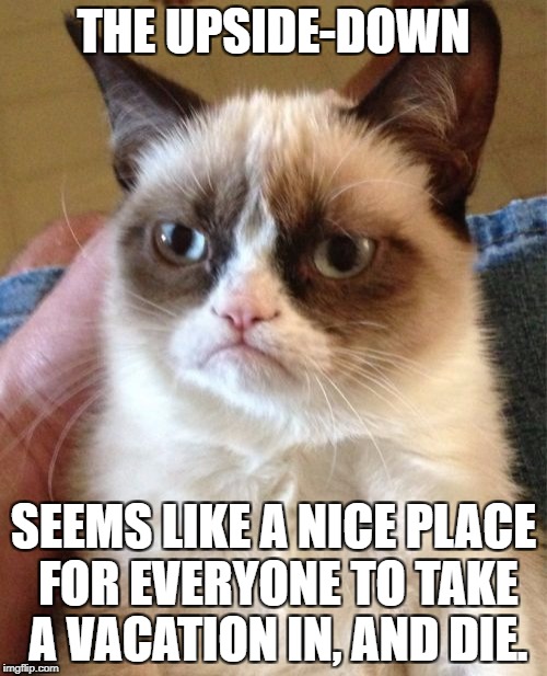 Grumpy Cat Meme | THE UPSIDE-DOWN; SEEMS LIKE A NICE PLACE FOR EVERYONE TO TAKE A VACATION IN, AND DIE. | image tagged in memes,grumpy cat,funny,stranger things,lol so funny,die | made w/ Imgflip meme maker