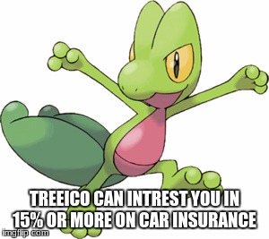 Treeico | TREEICO CAN INTREST YOU IN 15% OR MORE ON CAR INSURANCE | image tagged in geico,geico gecko,treeko,pokemon,car insurance | made w/ Imgflip meme maker