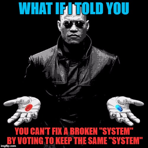 What if | WHAT IF I TOLD YOU; YOU CAN'T FIX A BROKEN "SYSTEM" BY VOTING TO KEEP THE SAME "SYSTEM" | image tagged in what if | made w/ Imgflip meme maker