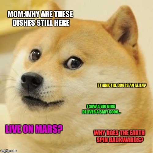 Doge Meme | MOM:WHY ARE THESE DISHES STILL HERE; I THINK THE DOG IS AN ALIEN? I SAW A BIG BIRD DELIVER A BABY SOOO... LIVE ON MARS? WHY DOES THE EARTH SPIN BACKWARDS? | image tagged in memes,doge | made w/ Imgflip meme maker
