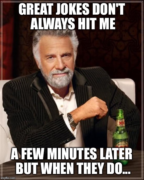 Wait- whaaat?! | GREAT JOKES DON'T ALWAYS HIT ME; A FEW MINUTES LATER BUT WHEN THEY DO... | image tagged in memes,the most interesting man in the world | made w/ Imgflip meme maker