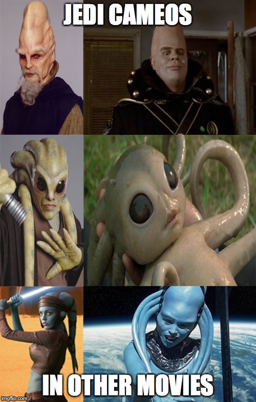 Jedi Cameos | JEDI CAMEOS; IN OTHER MOVIES | image tagged in star wars,jedi,conehead,the fifth element,men in black,star wars prequels | made w/ Imgflip meme maker