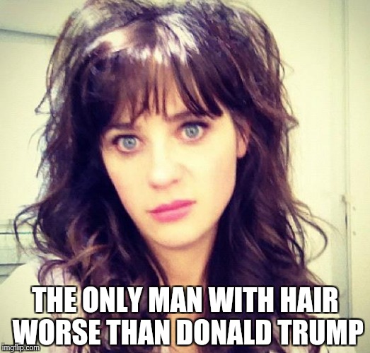 Zooey Deschanel | THE ONLY MAN WITH HAIR WORSE THAN DONALD TRUMP | image tagged in zooey deschanel | made w/ Imgflip meme maker
