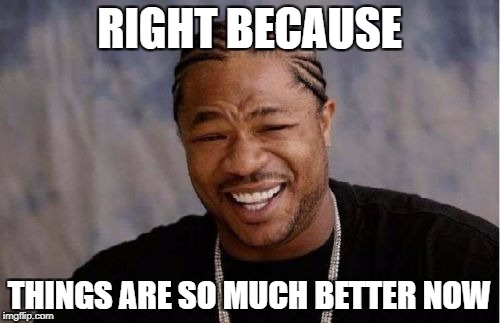 Yo Dawg Heard You Meme | RIGHT BECAUSE THINGS ARE SO MUCH BETTER NOW | image tagged in memes,yo dawg heard you | made w/ Imgflip meme maker
