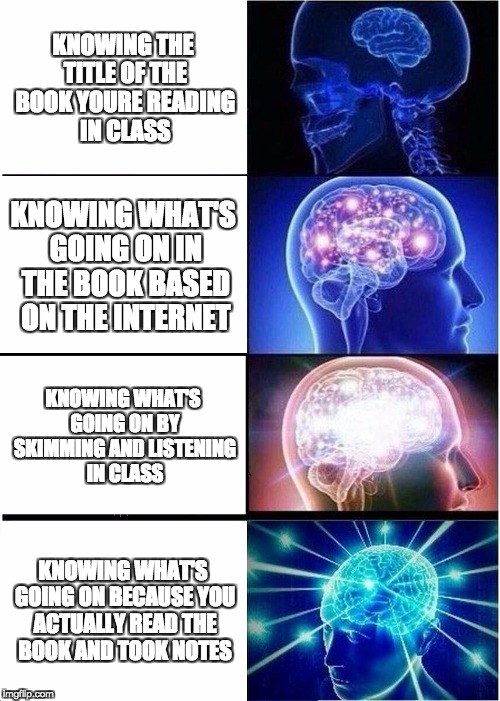 Expanding Brain | KNOWING THE TITLE OF THE BOOK YOURE READING IN CLASS; KNOWING WHAT'S GOING ON IN THE BOOK BASED ON THE INTERNET; KNOWING WHAT'S GOING ON BY SKIMMING AND LISTENING IN CLASS; KNOWING WHAT'S GOING ON BECAUSE YOU ACTUALLY READ THE BOOK AND TOOK NOTES | image tagged in memes,expanding brain | made w/ Imgflip meme maker