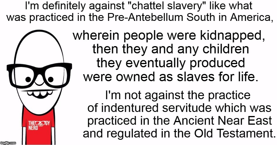 Theology Nerd  | I'm definitely against "chattel slavery" like what was practiced in the Pre-Antebellum South in America, I'm not against the practice of ind | image tagged in theology nerd | made w/ Imgflip meme maker