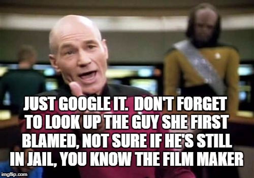 Picard Wtf Meme | JUST GOOGLE IT.  DON'T FORGET TO LOOK UP THE GUY SHE FIRST BLAMED, NOT SURE IF HE'S STILL IN JAIL, YOU KNOW THE FILM MAKER | image tagged in memes,picard wtf | made w/ Imgflip meme maker