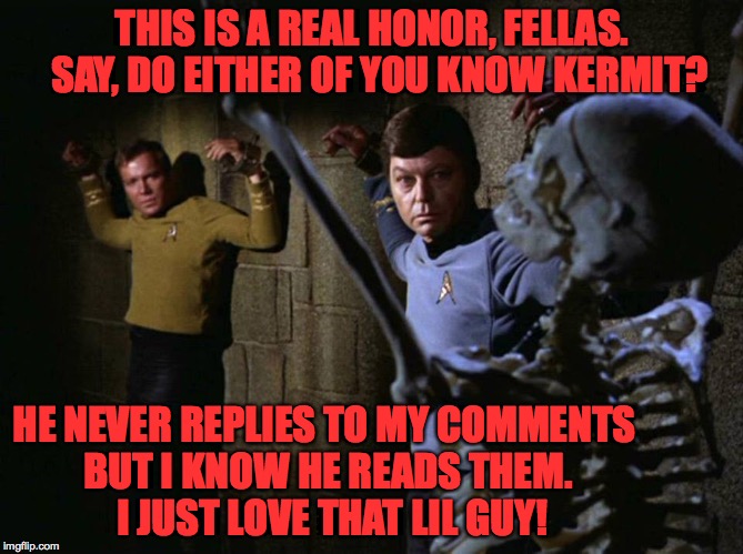Waiting Skeleton meets Kirk and Bones McCoy. | THIS IS A REAL HONOR, FELLAS.  SAY, DO EITHER OF YOU KNOW KERMIT? HE NEVER REPLIES TO MY COMMENTS BUT I KNOW HE READS THEM.  I JUST LOVE THAT LIL GUY! | image tagged in mccoy kirk chains,memes,waiting skeleton | made w/ Imgflip meme maker