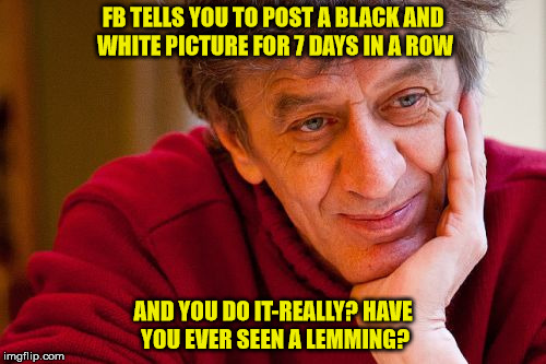 Really Evil College Teacher Meme | FB TELLS YOU TO POST A BLACK AND WHITE PICTURE FOR 7 DAYS IN A ROW; AND YOU DO IT-REALLY? HAVE YOU EVER SEEN A LEMMING? | image tagged in memes,really evil college teacher | made w/ Imgflip meme maker