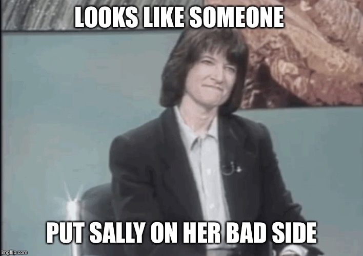 Sally's emotion is hard to describe... | LOOKS LIKE SOMEONE; PUT SALLY ON HER BAD SIDE | image tagged in nasa,space shuttle,space,astronaut,astronomy,imgflip | made w/ Imgflip meme maker