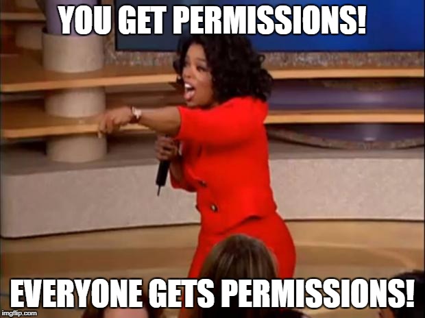 oprah you get a car | YOU GET PERMISSIONS! EVERYONE GETS PERMISSIONS! | image tagged in oprah you get a car | made w/ Imgflip meme maker